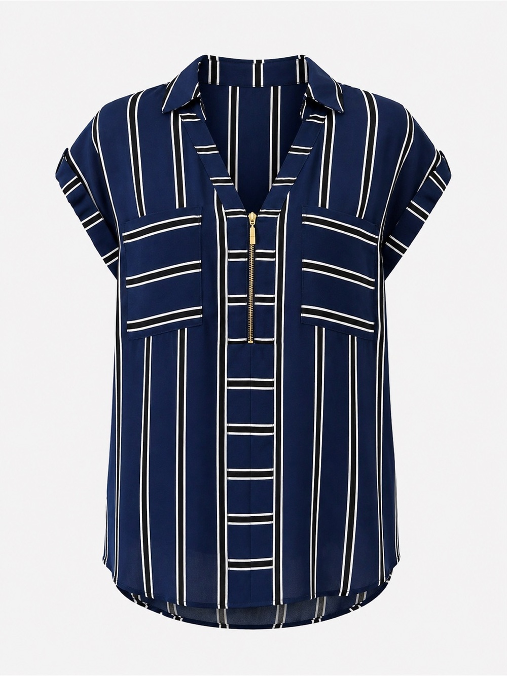 Express Navy and White Striped Zip-Front Blouse